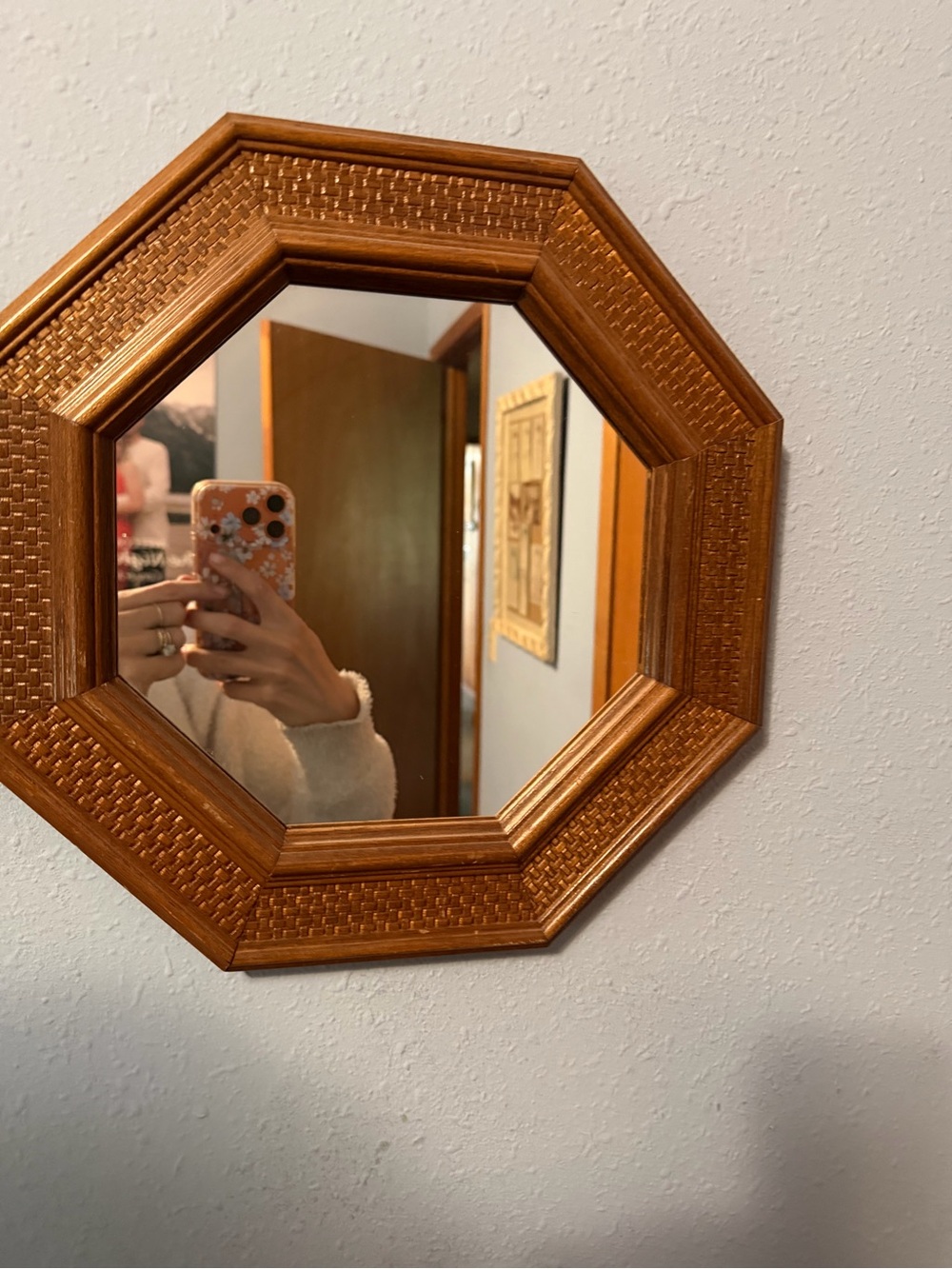 Octagonal Wood-Tone Wall Mirror - Brown